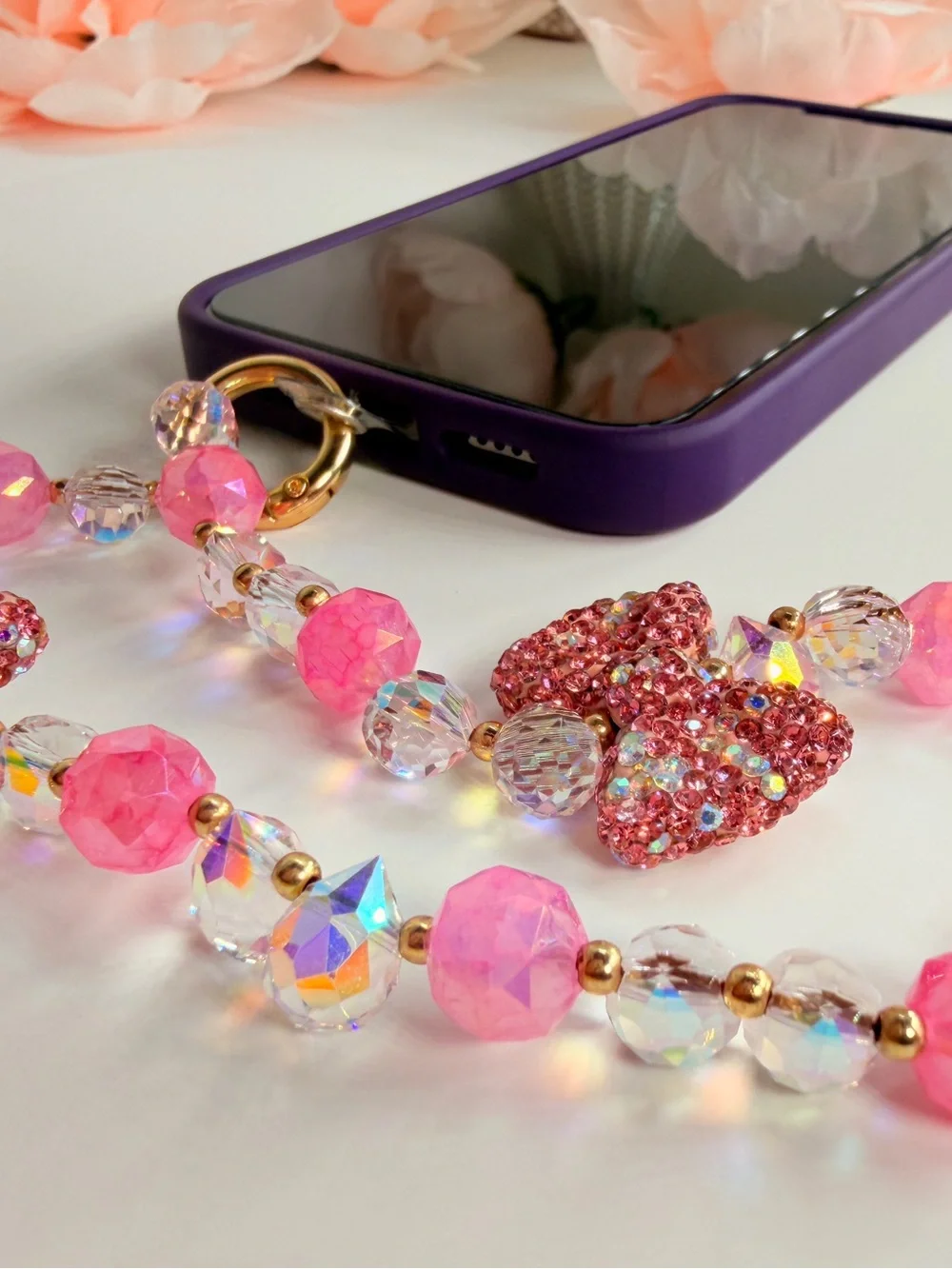Emma Pink Beaded crystal Bow phone Keychain